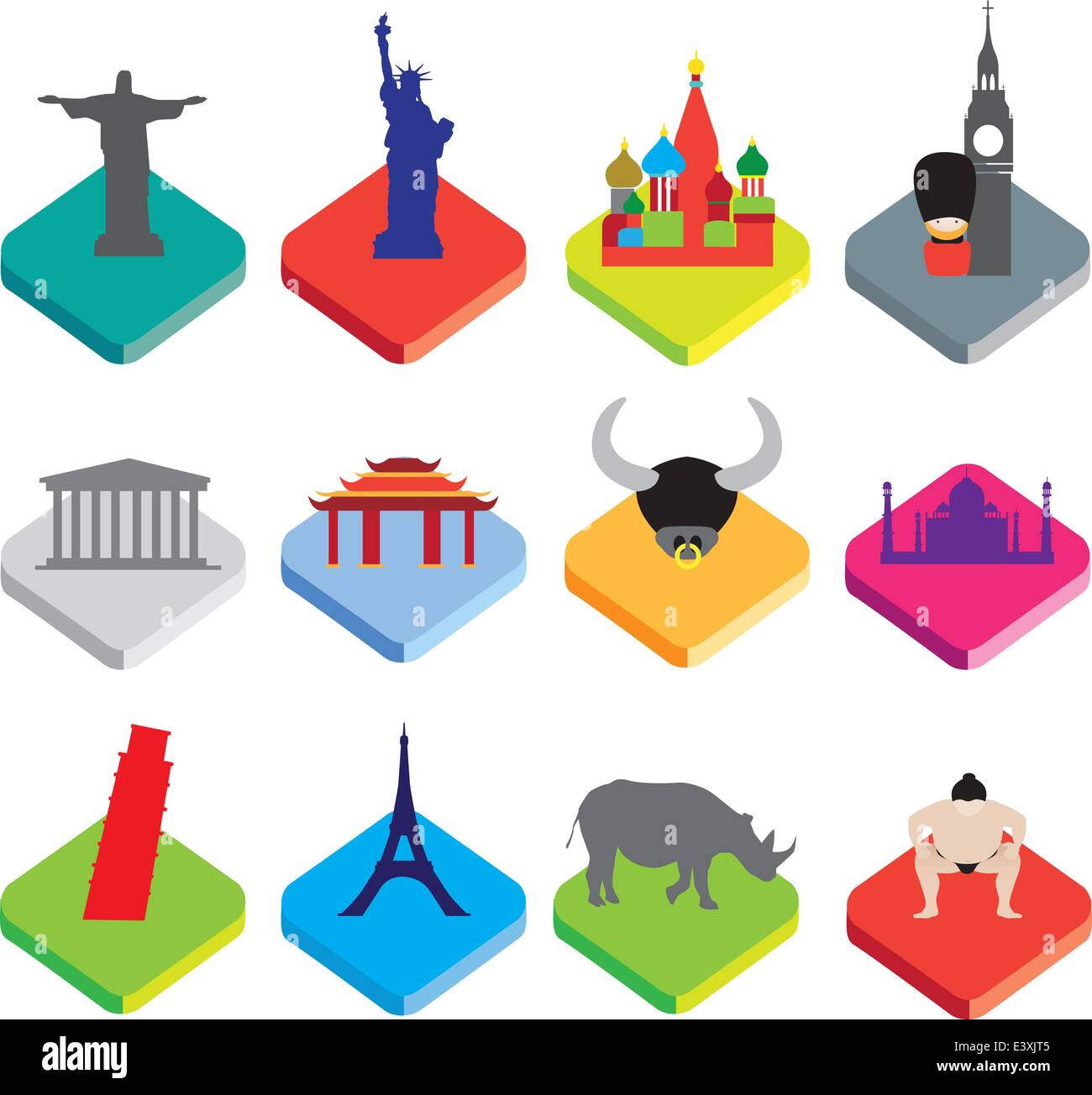 world famous landmarks as icon or button designs in colour on white background Stock Vector
