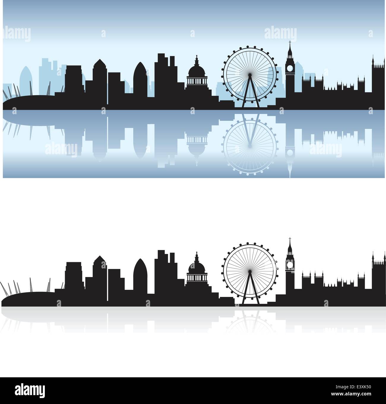 london skyline including all the tourist attractions as a detailed black silhouette with the thames reflection Stock Vector