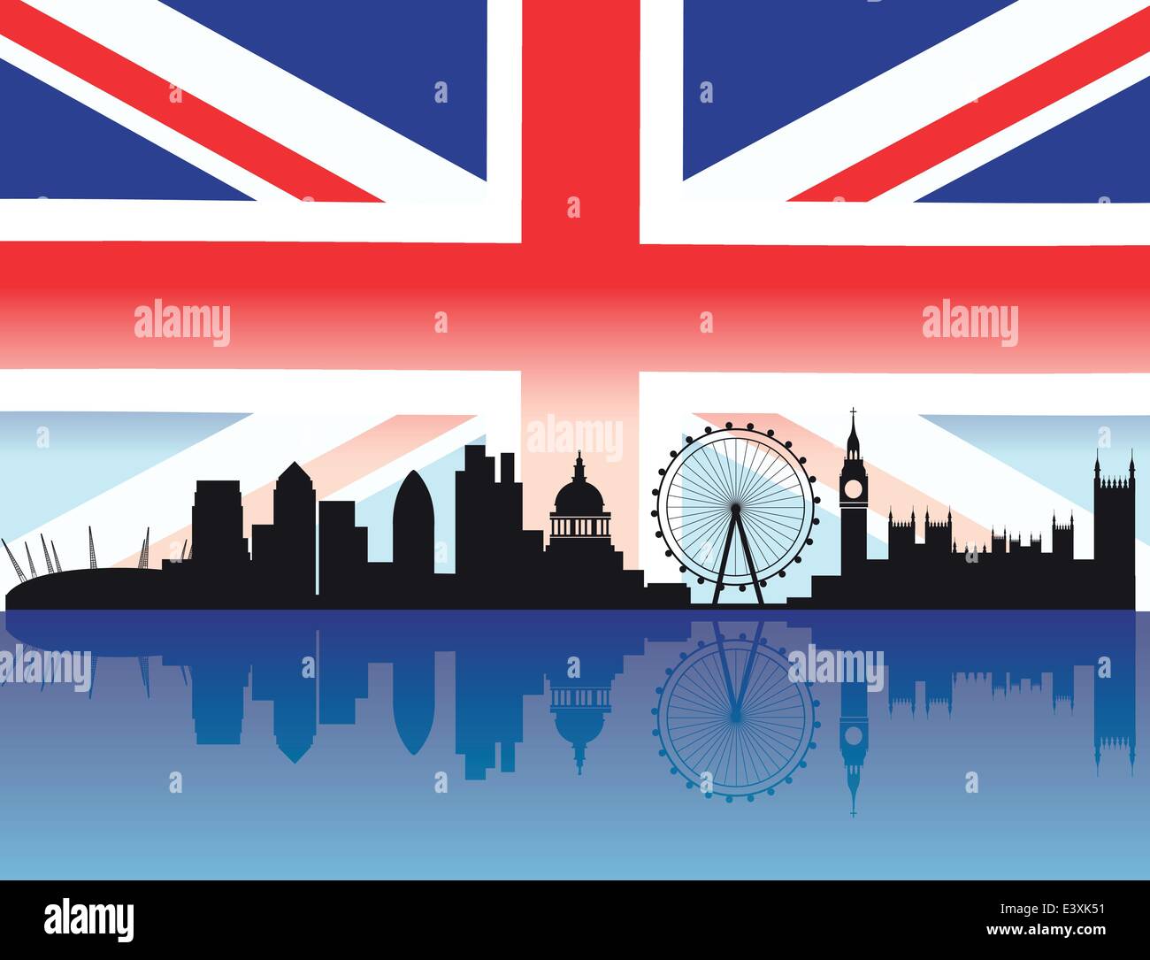 London skyline with flag and reflection of buildings in the thames Stock Vector