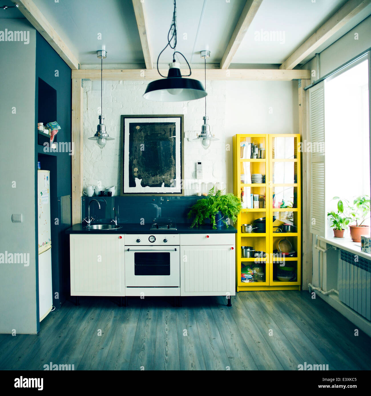 Sink, oven and shelves in apartment kitchen Stock Photo Alamy