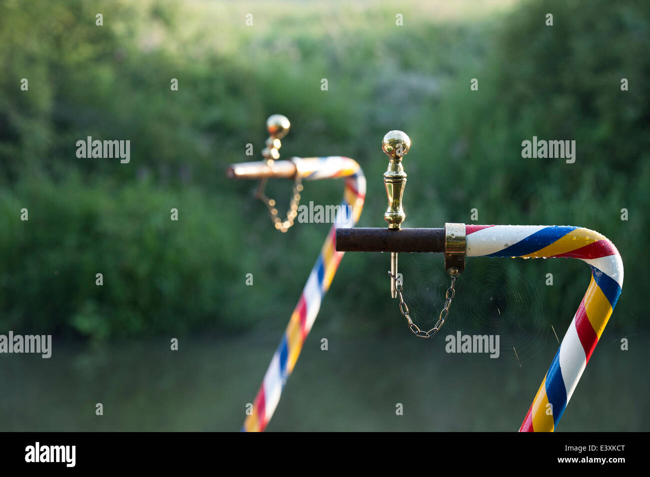 Narrowboat tiller and tiller pins. Braunston, Northamptonshire, England
