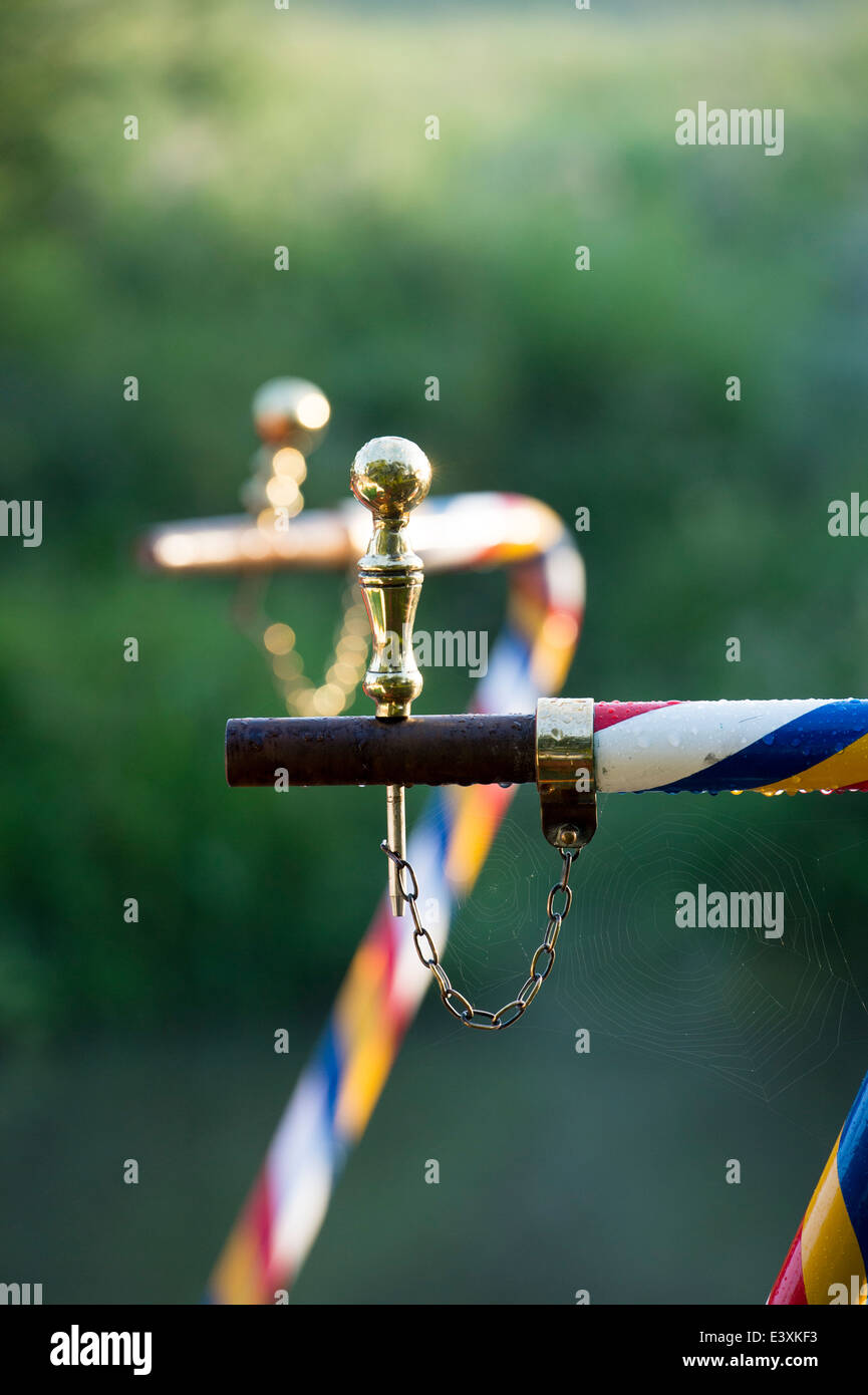 Narrowboat tiller and tiller pins. Braunston, Northamptonshire, England