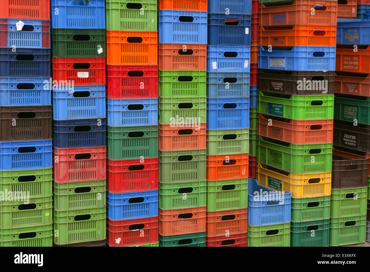 Plastic vegetable boxes after local Market Gereakies Village Greek