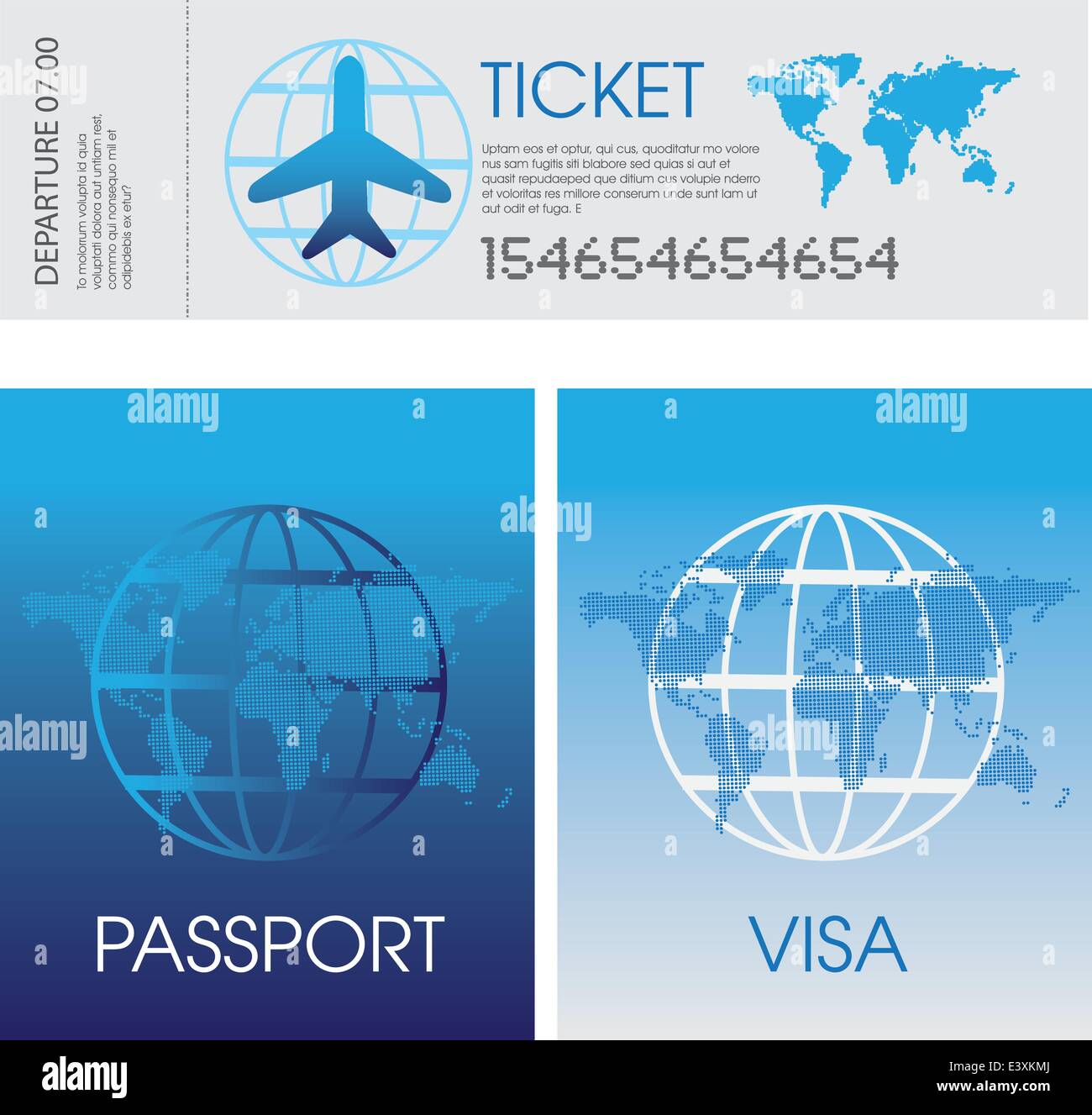 illustration of a set of generic airplane tickets, passport and visa documents Stock Vector ...