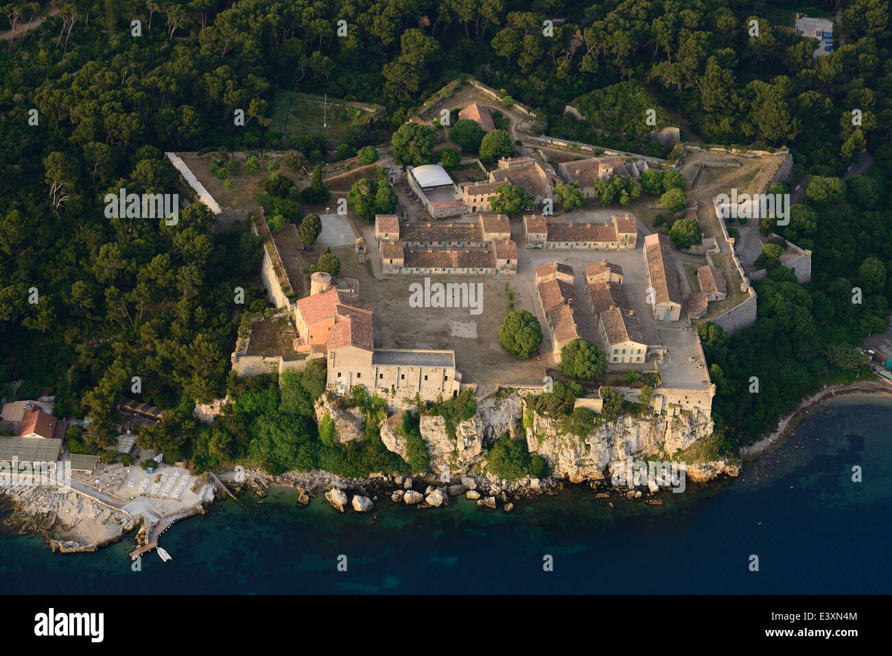 AERIAL VIEW. Fortress on Sainte-Marguerite Island. Fort Royal, Lerins Islands, Cannes, Alpes-Maritimes, French Riviera, France. Stock Photo