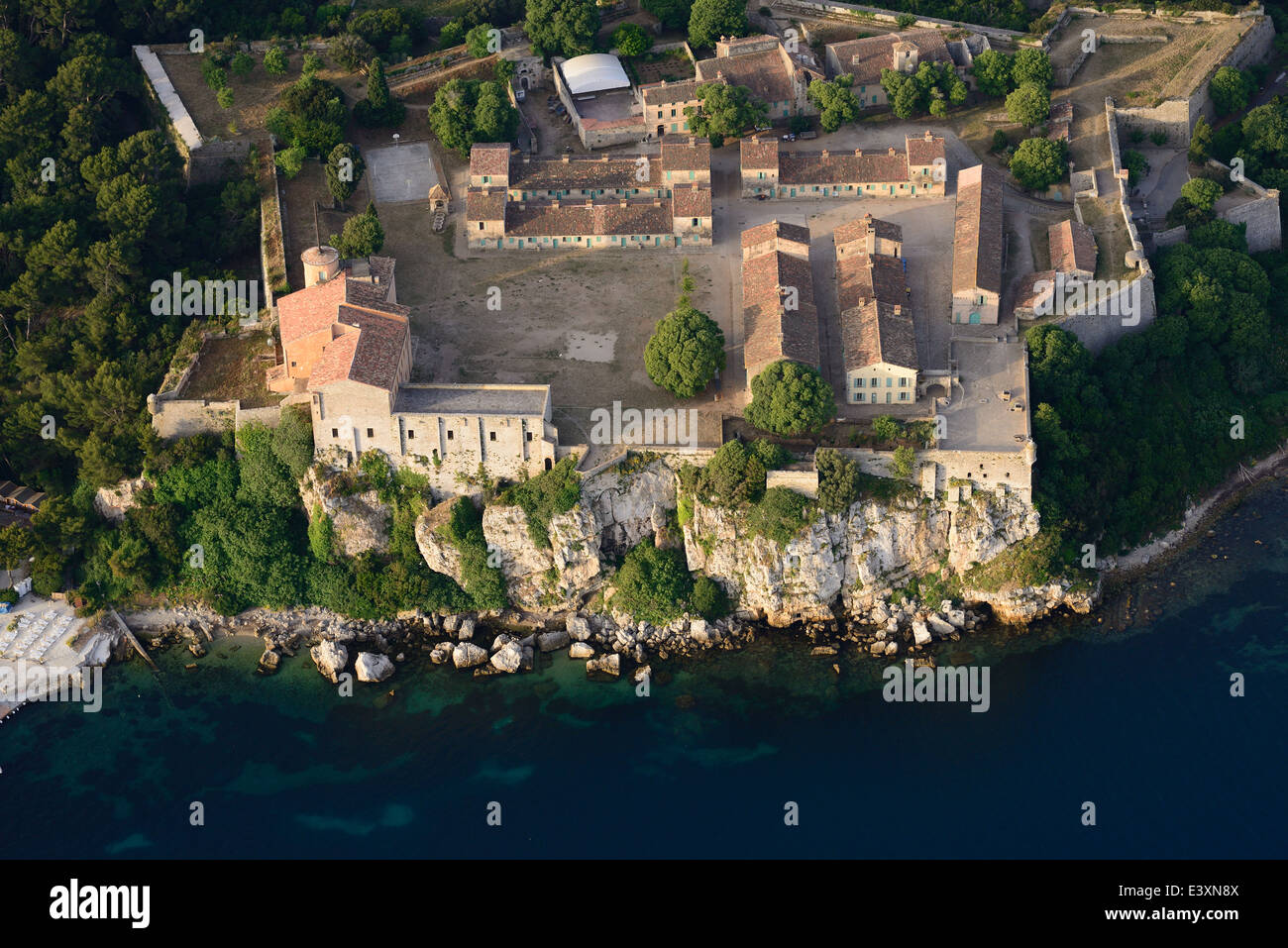 AERIAL VIEW. Fortress on Sainte-Marguerite Island. Fort Royal, Lerins Islands, Cannes, Alpes-Maritimes, French Riviera, France. Stock Photo