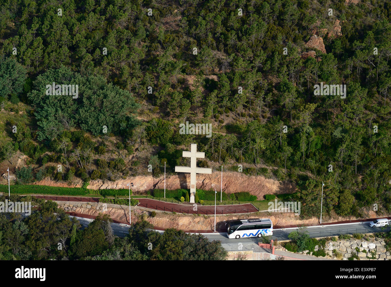 AERIAL VIEW. Cross of Lorraine, a WWII memorial. Théoule-sur-Mer, Estérel Massif, Alpes-Maritimes, French Riviera, France. Stock Photo
