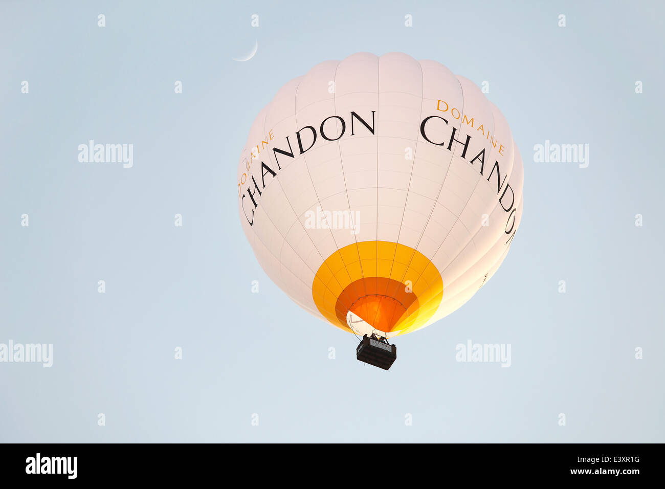 white hot air balloon chandon in Melbourne skys Australia. Stock Photo