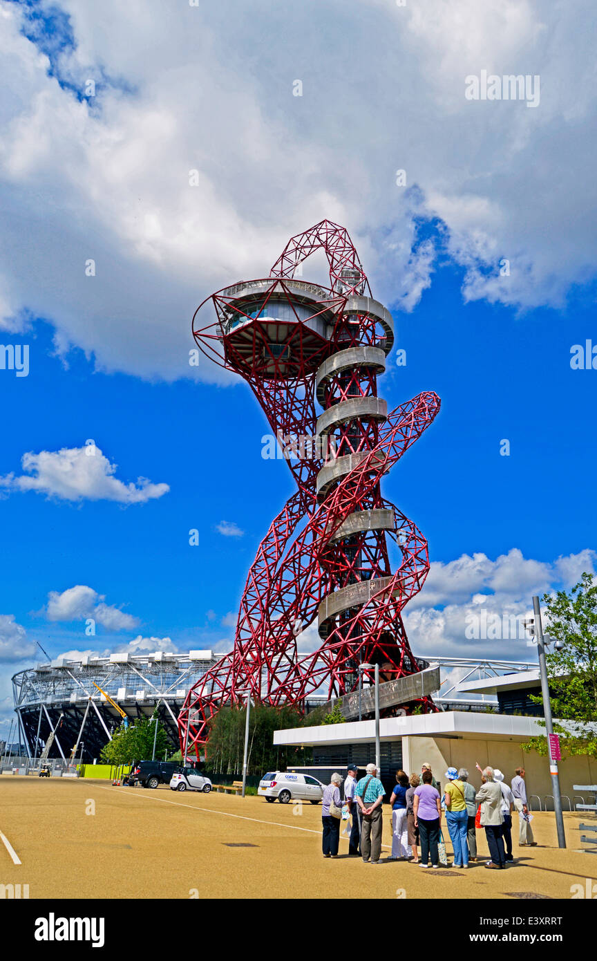 View of the ArcelorMittal Orbit and the Olympic Stadium at the Queen Elizabeth Olympic Park, Stratford, London, England, UK Stock Photo