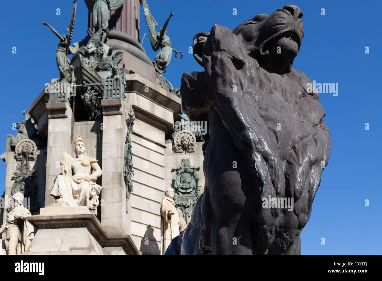 Lion statue located at the Columbus monument in Barcelona. Stock Photo