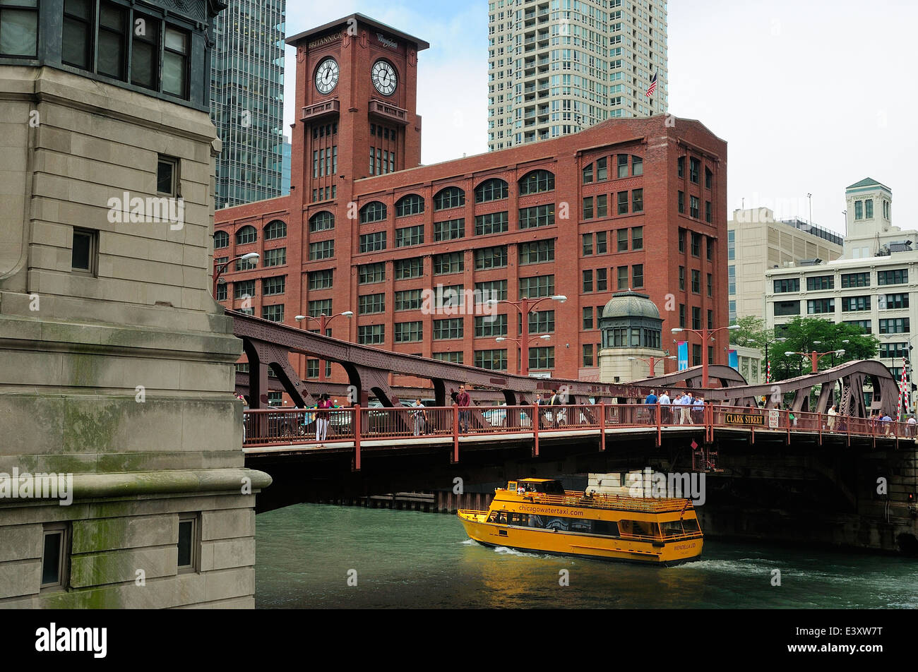 Chicago water taxi under La Salle Street bridge. Stock Photo