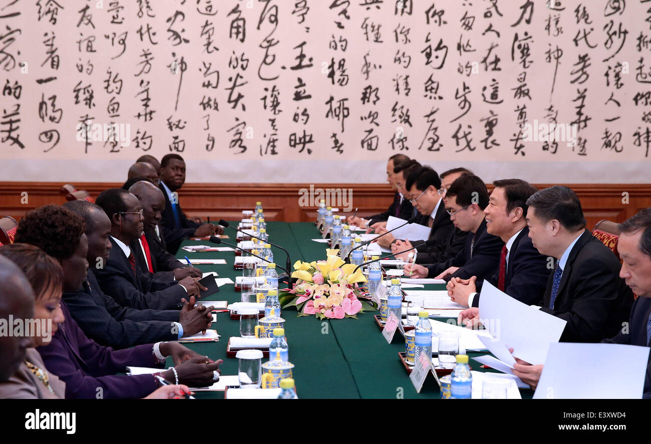 Beijing, China. 1st July, 2014. Chinese Vice President Li Yuanchao (3rd R) holds talks with South Sudanese Vice President James Wani Igga (5th L), who is also deputy chairman of the Sudan People's Liberation Movement (SPLM), in Beijing, capital of China, July 1, 2014. © Pang Xinglei/Xinhua/Alamy Live News Stock Photo