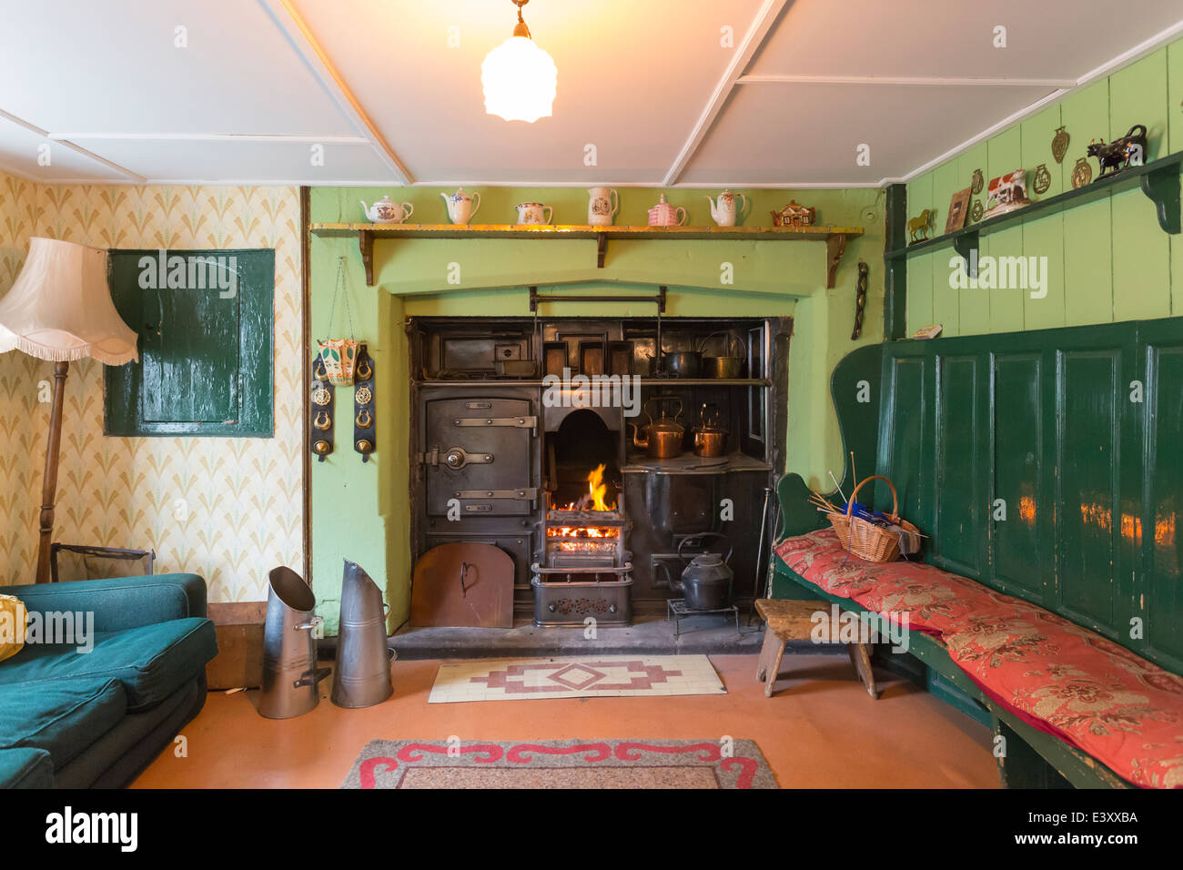Farmhouse Living Room with Fire and Range Beamish Living Open Air Museum Stock Photo