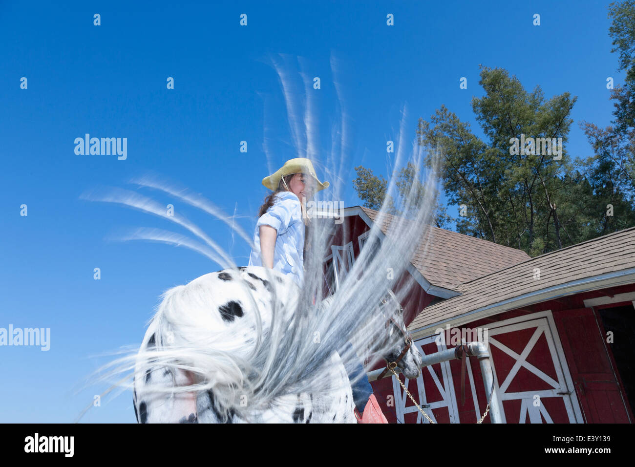 Mixed Riding Mixed race girl riding horse on ranch Stock Photo - Alamy