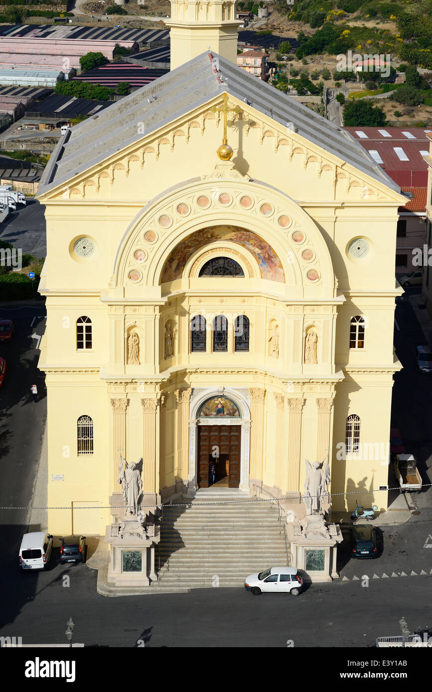 AERIAL VIEW. Santuario del Sacro Cuore di Gesù (translation: Sanctuary of the Sacred Heart of Jesus). Bussana, Province of Imperia, Liguria, Italy. Stock Photo