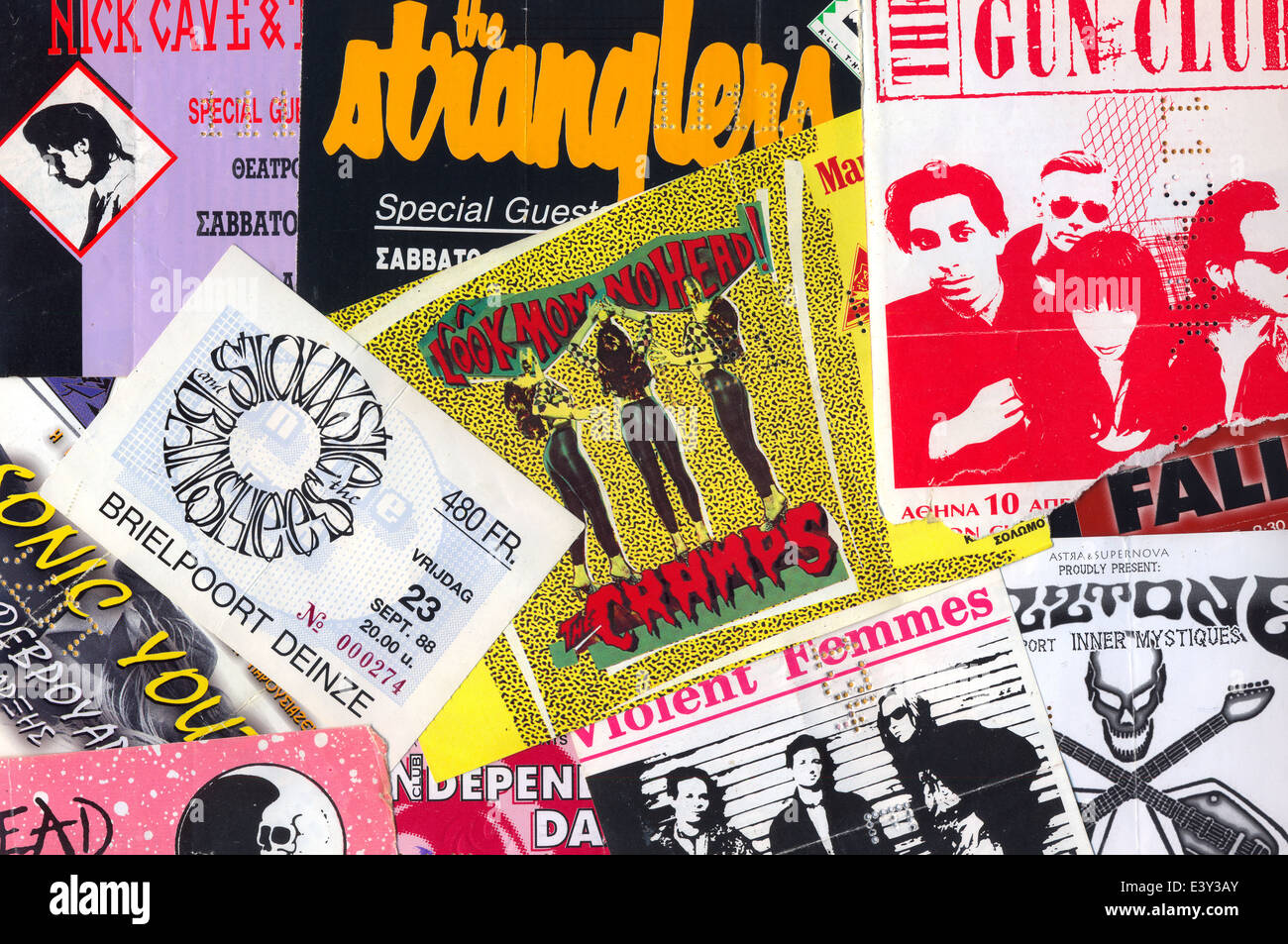 Vintage live gig concert tickets punk and indie rock music memorabilia from the 1980s and 1990s. Stock Photo