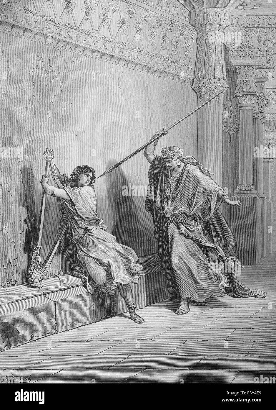 Sault attempts the life of David. (I Samuel 18:11). Old Testament. Stock Photo