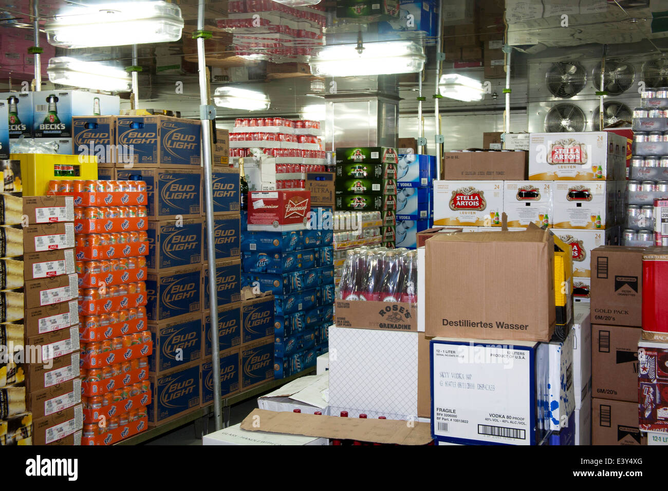 Stock room full of cases of alcoholic and non-alcoholic beverages Stock Photo