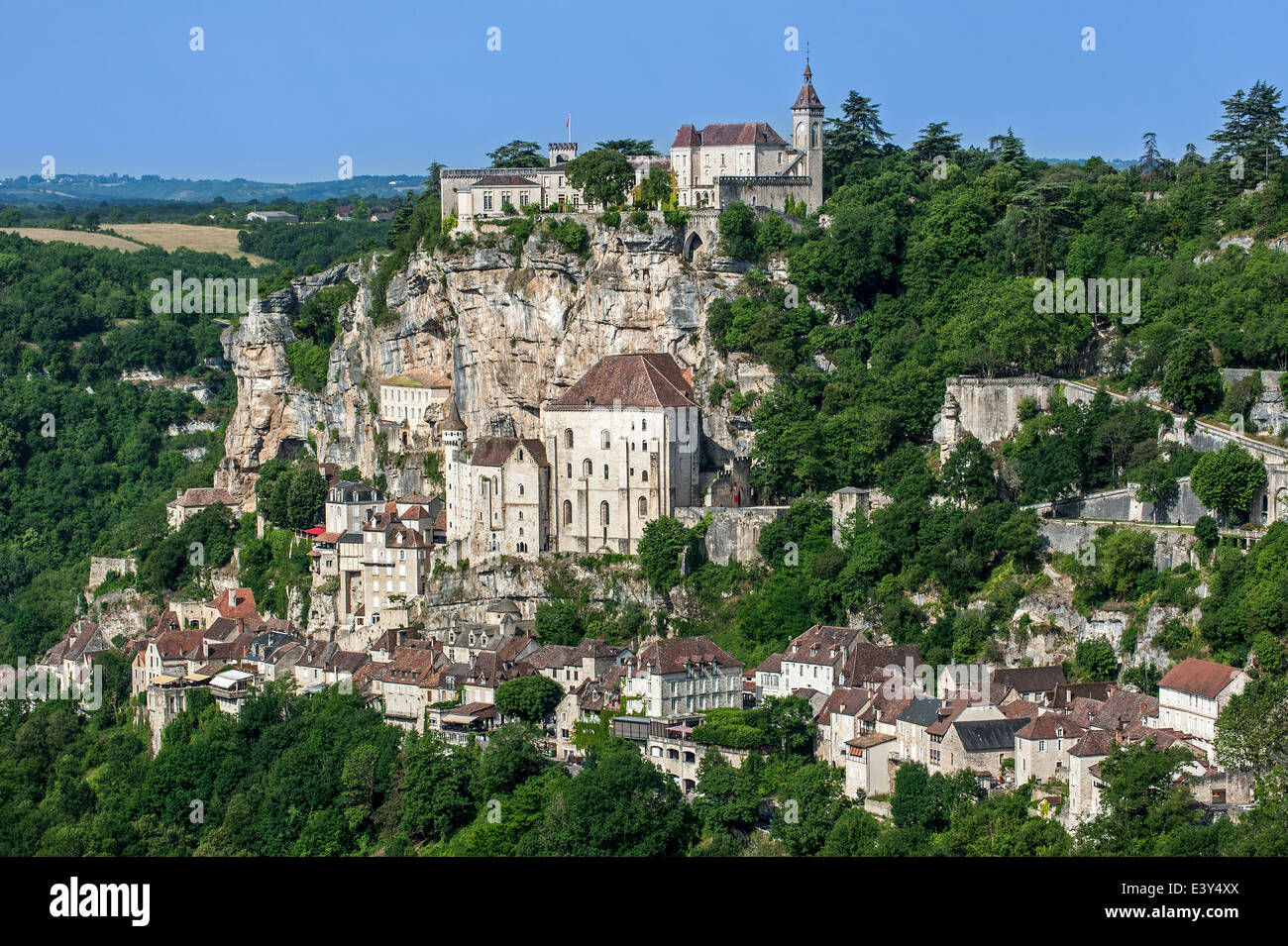 View over Rocamadour, Episcopal city and sanctuary of the Blessed Virgin Mary, Lot, Midi-Pyrénées, France Stock Photo