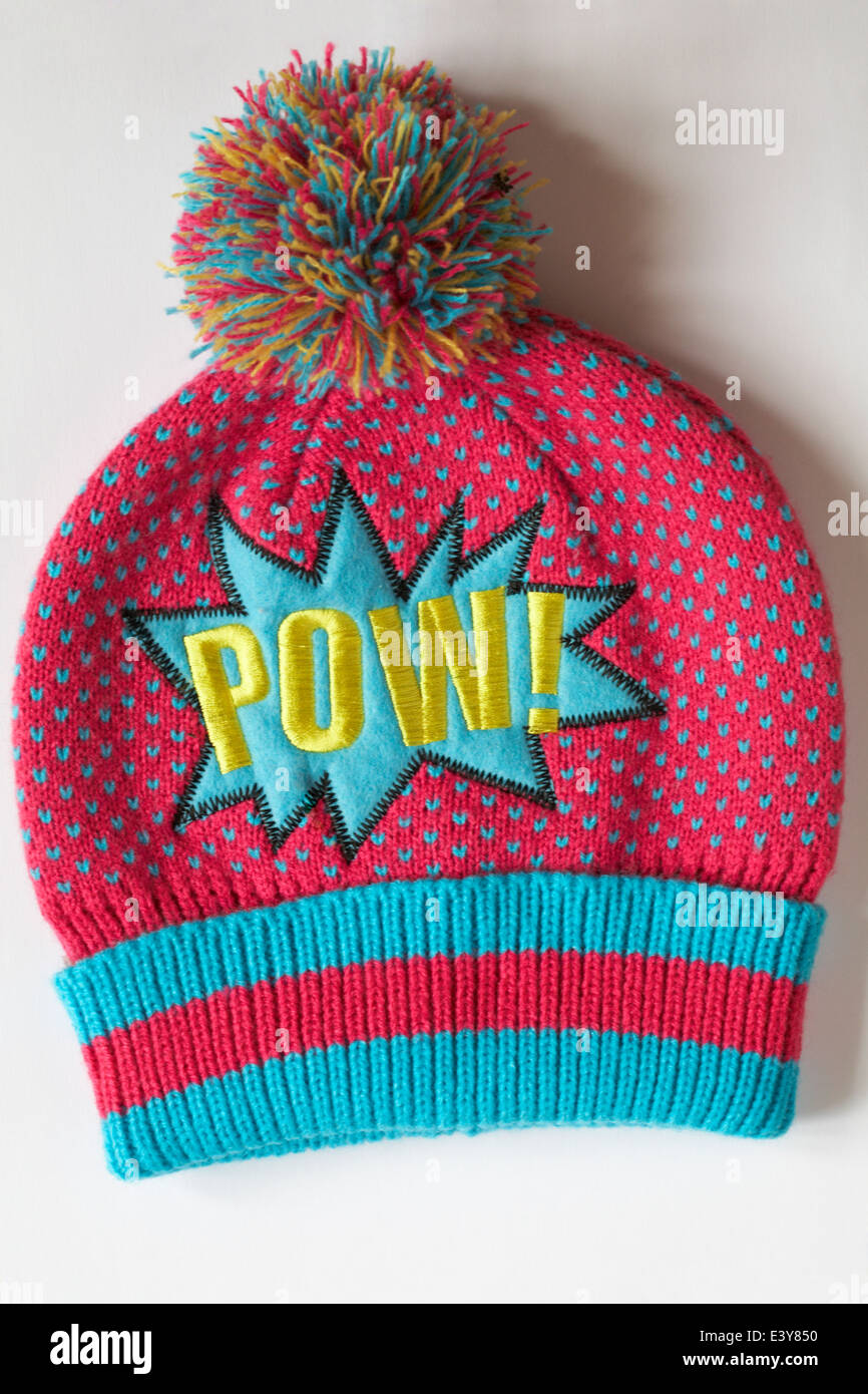 pink and POW bobble hat with pompom set on white background Stock Photo - Alamy