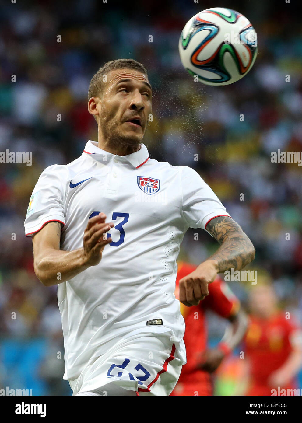 Salvador, Brazil. 1st July, 2014. Fabian Johnson of the U.S. vies for the ball during a Round of 16 match between Belgium and the U.S. of 2014 FIFA World Cup at the Arena Fonte Nova Stadium in Salvador, Brazil, on July 1, 2014. Credit:  Cao Can/Xinhua/Alamy Live News Stock Photo
