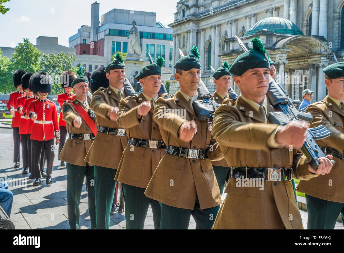Commemorating the 98th anniversary of the Battle of the Somme at Belfast City Hall. Royal Irish Regiment on parade. Stock Photo