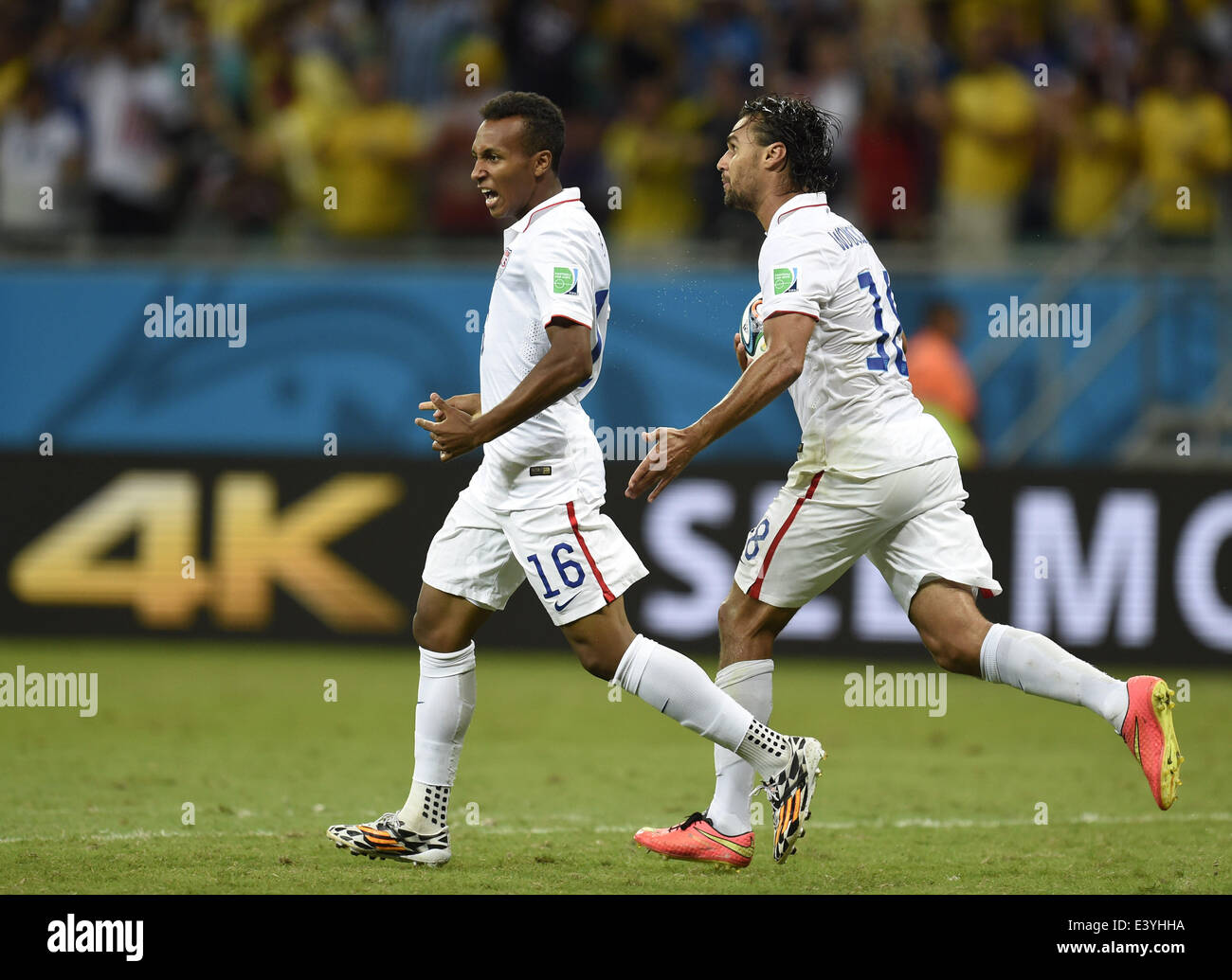 Salvador, Brazil. 1st July, 2014. Julian Green (L) and Chris Wondolowski of the U.S. celebrates the goal during the extra time of a Round of 16 match between Belgium and the U.S. of 2014 FIFA World Cup at the Arena Fonte Nova Stadium in Salvador, Brazil, on July 1, 2014. Belgium won 2-1 over the U.S. after 120 minutes and qualified for quarter-finals on Tuesday. Credit:  Yang Lei/Xinhua/Alamy Live News Stock Photo