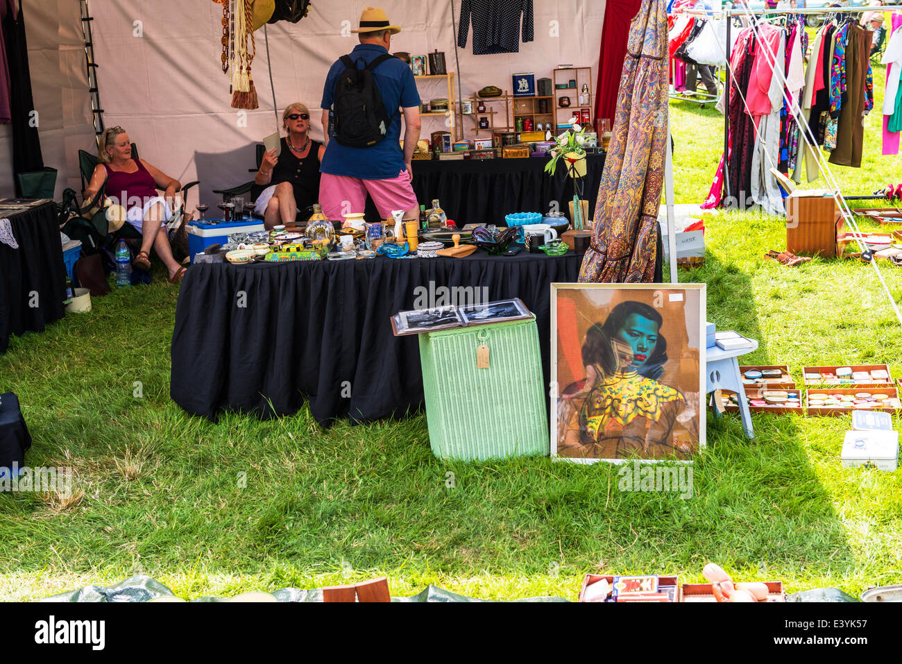 East Devon, England. A bric a brac stall at a Fete and garden party selling miscellaneous goods. Stock Photo