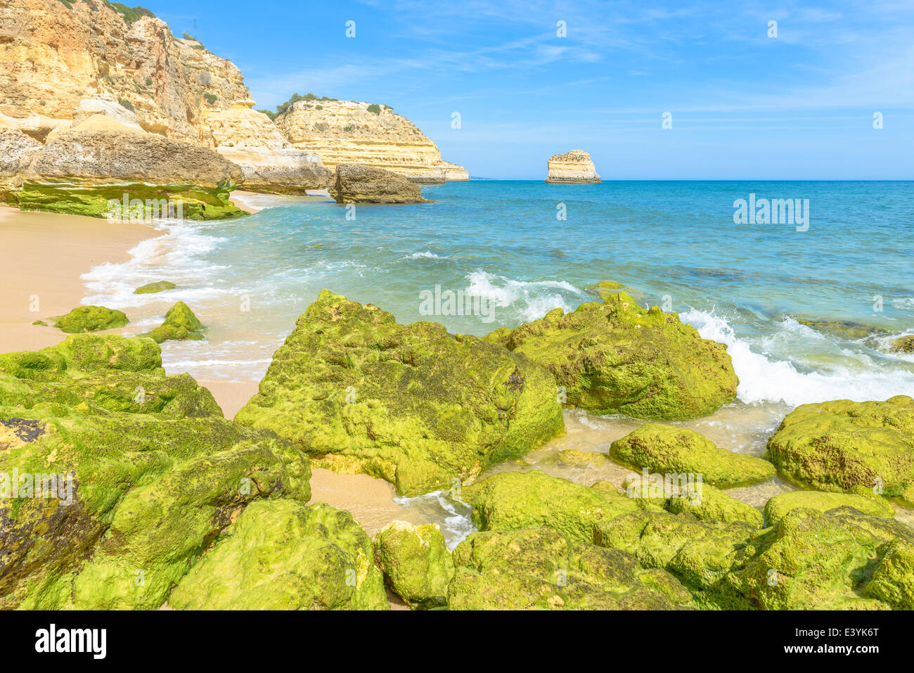 Beach with Green rocks in Algarve, Portugal Stock Photo