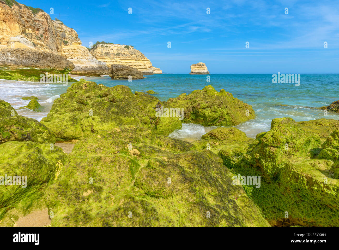 Beach with Green rocks in Algarve, Portugal Stock Photo