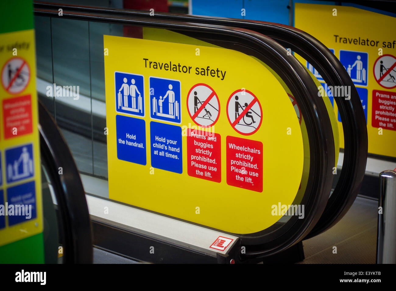 hypermarket travelator safety sign Stock Photo