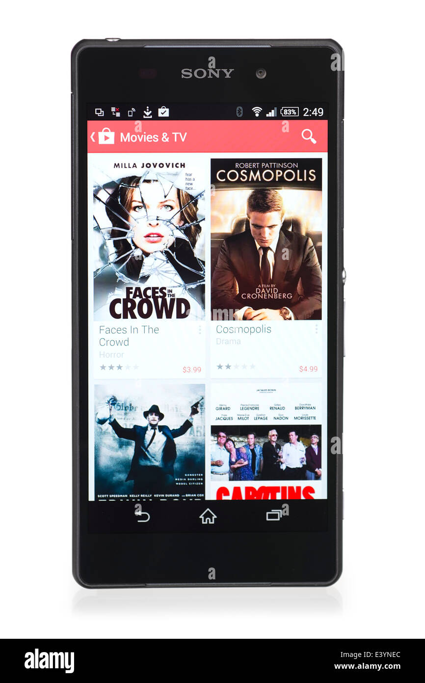 Sony Xperia Z2 smartphone, showing Movie selection menu in the Google Play Store, Movies & TV, What's New App Stock Photo