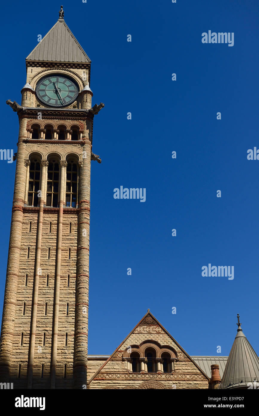 Clock tower of Toronto Old City Hall heritage landmark building with