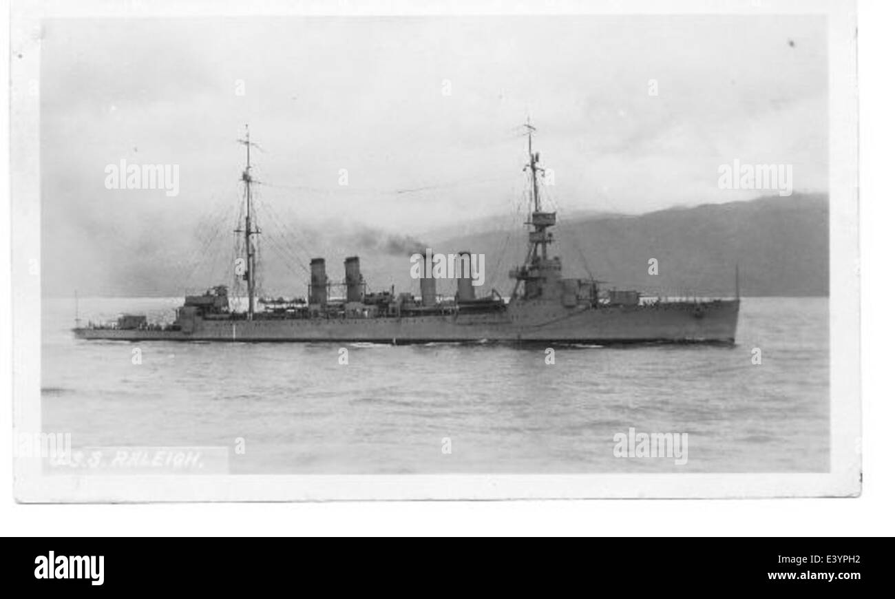 A photograph of the USS Raleigh (CL-7), a light cruiser of the Omaha class, representing its role in naval operations during its service in the U.S. Navy. Stock Photo