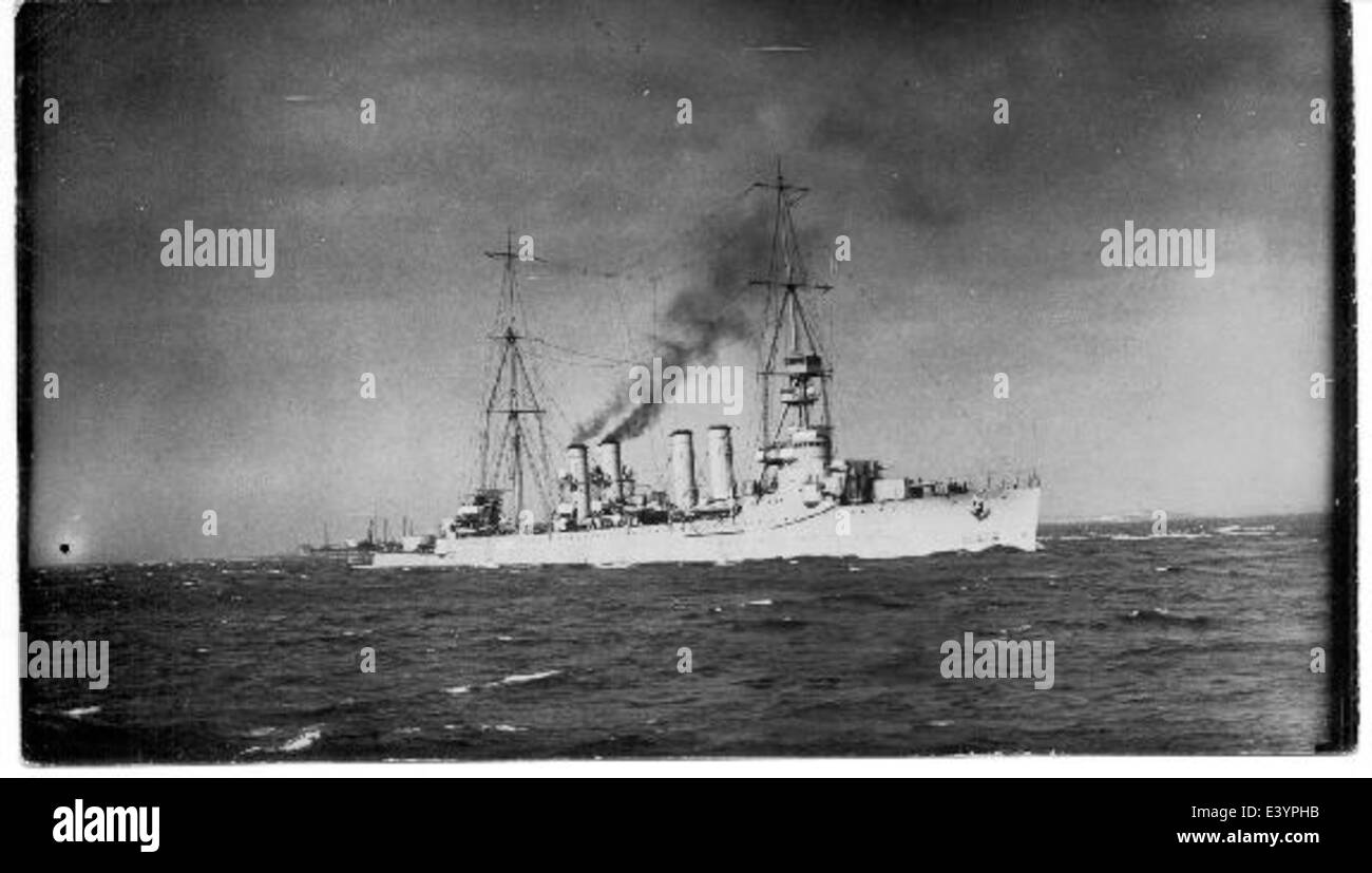 A photograph of the USS Raleigh (CL-7), an Omaha-class light cruiser of ...