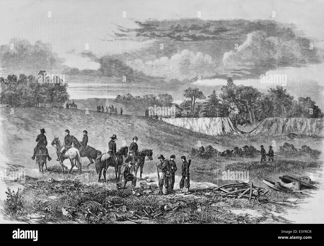 The war in Virginia - Officers and men of Meade's army discovering unburied Union dead on the old battlefield of Bull Run, 1863 Stock Photo