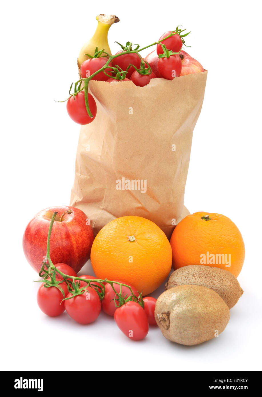 fruit in paper bag on white Stock Photo