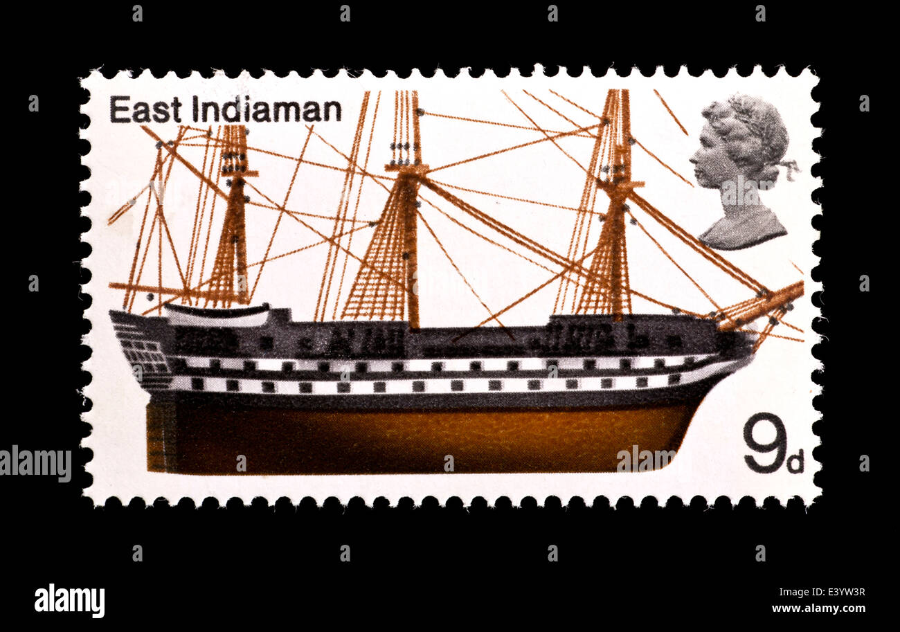 Postage stamp from Great Britain depicting an East Indiaman ship. Stock Photo