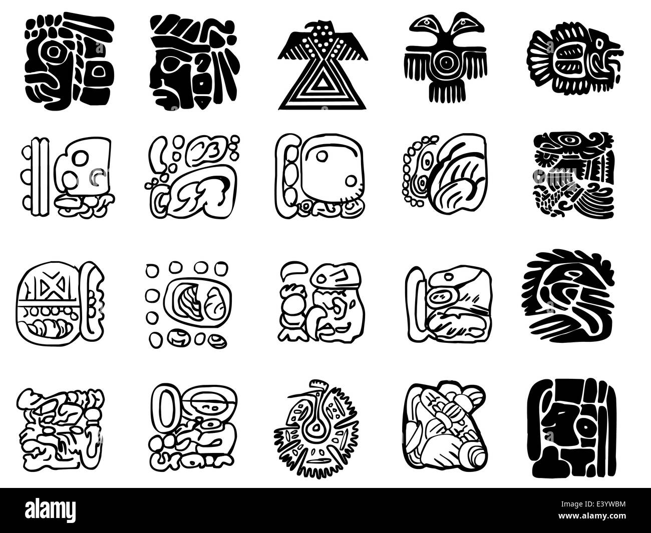 Maya patterns made on the basis of reliefs and sculptures. Human faces, birds, fish and animals. Elements of floral ornament. Stock Photo