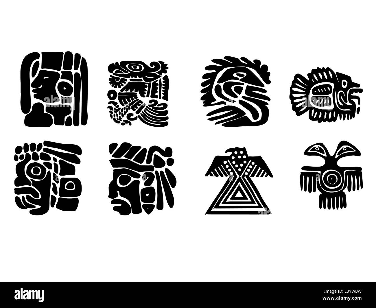 Maya patterns made on the basis of reliefs and sculptures. Human faces, birds, fish and animals. Elements of floral ornament. Stock Photo