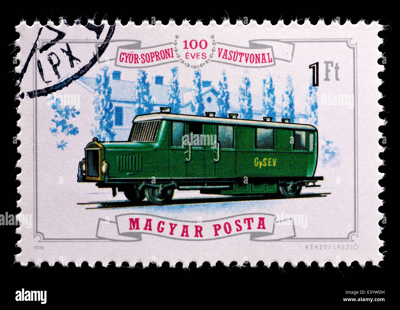 Postage stamp from Hungary depicting a 1925 railbus at Fertoszentmiklos Station, centennial of the Gyor-Sopron railroad. Stock Photo