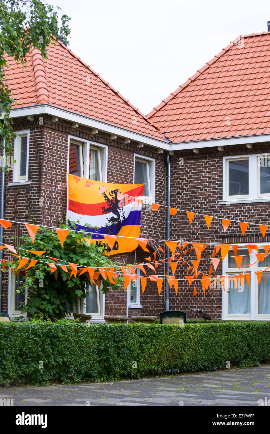 Houses in Groningen city with orange  and  dutch flag during soccer championship Stock Photo