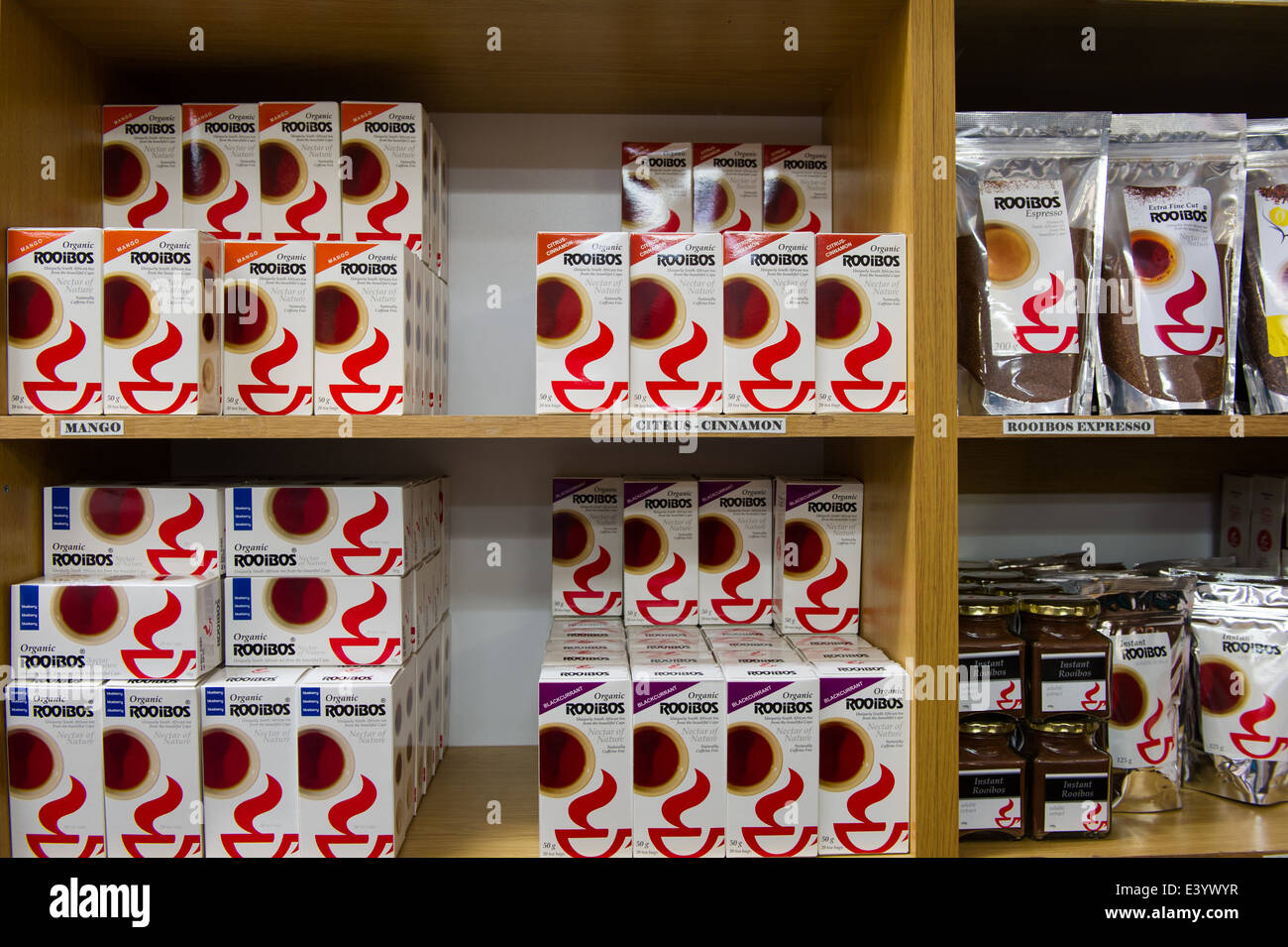 Rooibos tea for sale at the Rooibos Factory, Clanwilliam, South Africa Stock Photo