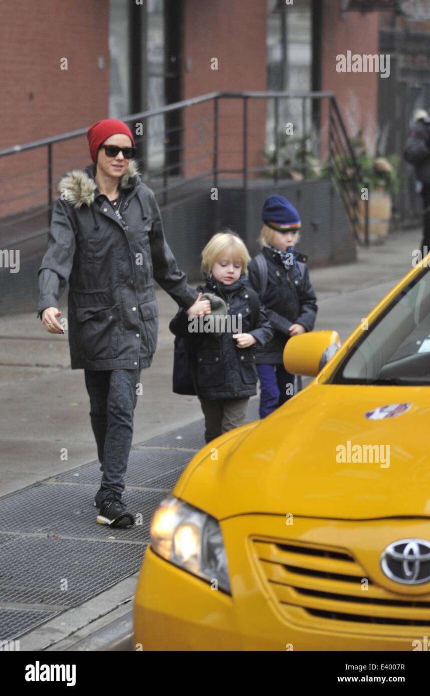 Naomi Watts hails a cab while with her sons Samuel and Sasha Featuring