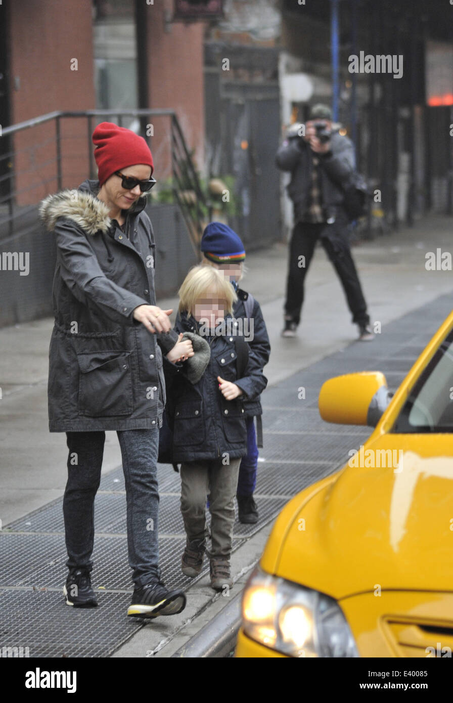 Naomi Watts hails a cab while with her sons Samuel and Sasha Featuring