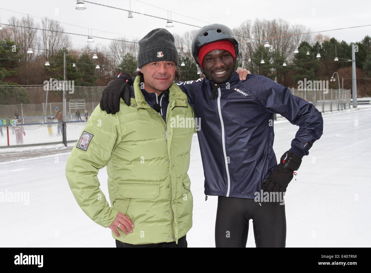 Photocall to promote new VOX TV show Real Cool Runnings during a training session with german ice skater Anni Friesinger.   Within 10 weeks she has to coach 4 Kenyan winter sport newbies to take part in the 100 km speed skating marathon in Austria  Featur Stock Photo