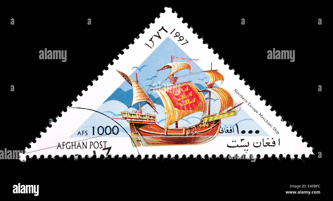 Postage stamp from Afghanistan depicting a a northern European merchant sailing ship Stock Photo