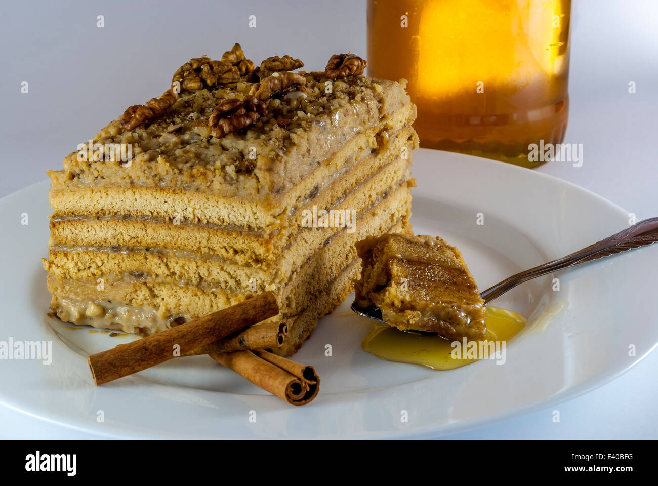 Armenia honey cake marlenka on white plate Stock Photo