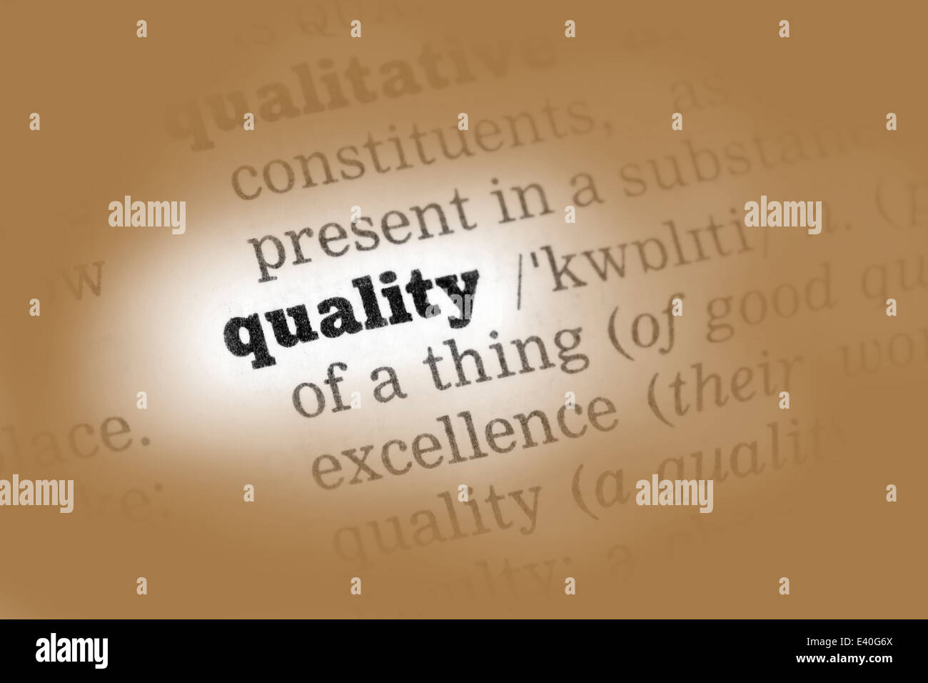 Quality Dictionary Definition single word with soft focus Stock Photo