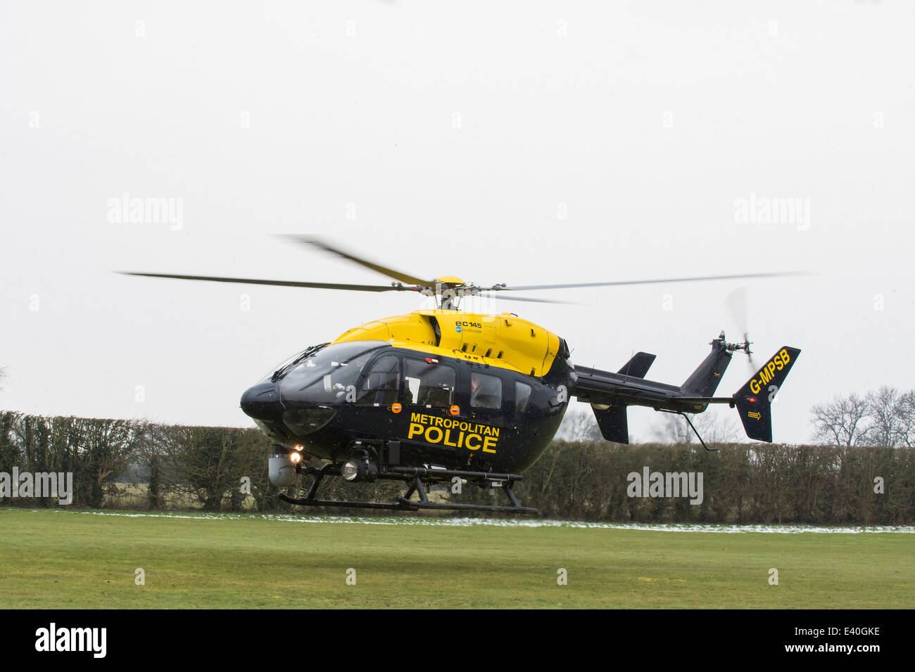 A Metropolitan Police Helicopter prepares to land at the Police Dog Training Establishment, Keston, Kent, England, U.K. Stock Photo